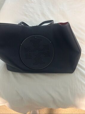 Navy Leather Tote Bag with Perforated Round Detail